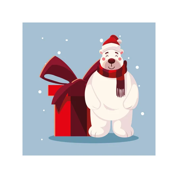 Kutup ayısı kış manzarasında hediye kutusuyla — Stok Vektör