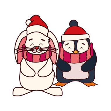 Beyaz arka planda şapkası ve eşarbı olan penguen ve tavşan