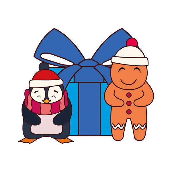 Pinguin und Lebkuchenmann mit Geschenkbox auf weißem Hintergrund — Stockvektor
