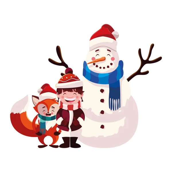 Tarjeta de navidad con niño y animales en fondo blanco — Vector de stock