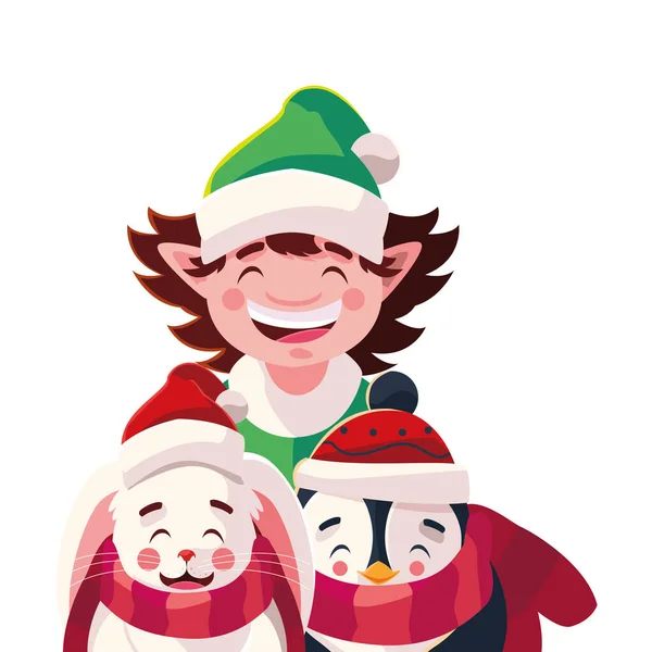 Cartão de Natal com elfo e animais em fundo branco — Vetor de Stock