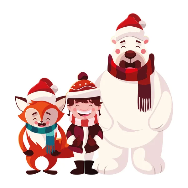 Tarjeta de navidad con niño y animales en fondo blanco — Vector de stock