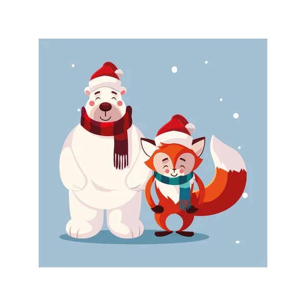 Oso polar y zorro con sombrero en el paisaje de invierno — Vector de stock