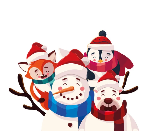 Weihnachtskarte mit niedlichen Tieren auf weißem Hintergrund — Stockvektor