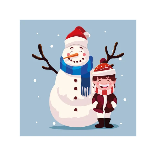 Boy and snowman with hat and scarf in winter landscape — Stock Vector