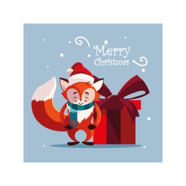 Hediye kutulu tilki ve Mutlu Noeller etiketi