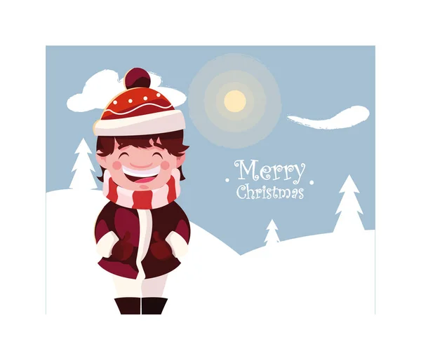 Chico en invierno paisaje con etiqueta feliz navidad — Vector de stock