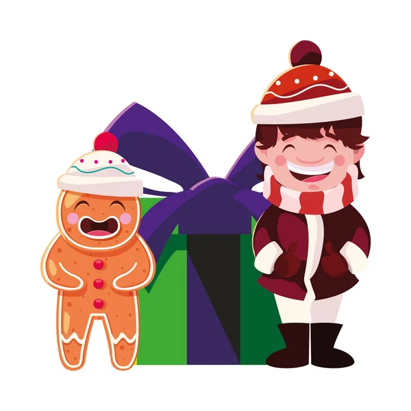 Niño y hombre de jengibre con caja de regalo en fondo blanco — Vector de stock