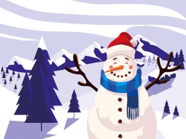 Kış manzarasında şapkası ve eşarbı olan sevimli bir kardan adam.