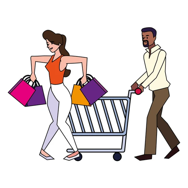 Isolé femme et homme shopping vecteur design — Image vectorielle