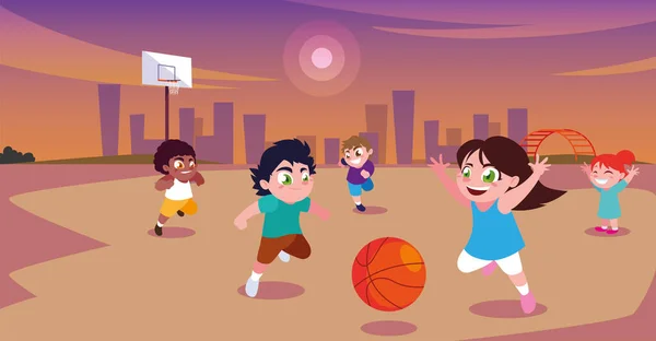 Anak-anak bermain dan olahraga di taman kota - Stok Vektor