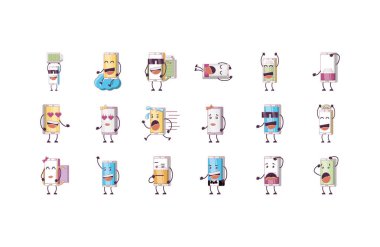 Çeşitli akıllı telefon çizgi film simgesi paket vektör tasarımı