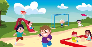 Parkta gülümseyen ve oynayan çocukların olduğu sahne