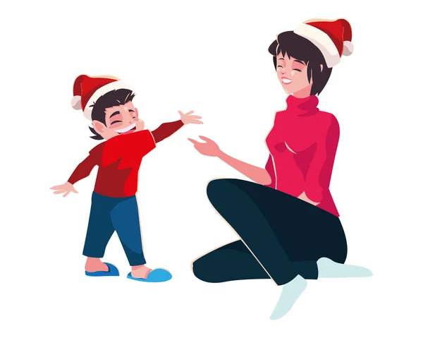 Madre e hijo con diseño vectorial sombrero de santas — Archivo Imágenes Vectoriales