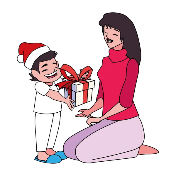 Madre e hijo con diseño vectorial sombrero de santas — Archivo Imágenes Vectoriales