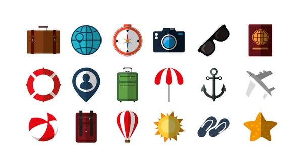 Variety reizen en zomer pictogram set pack vector ontwerp — Stockvector