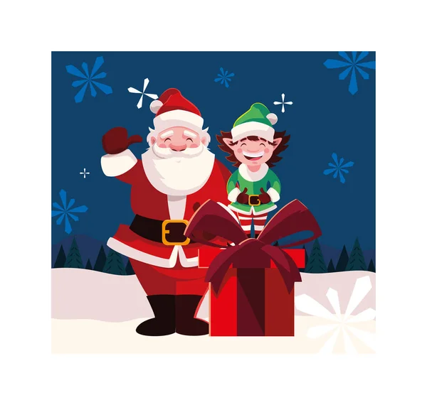 Санта-Клаус и эльф с подарочной коробкой в зимнем пейзаже — стоковый вектор