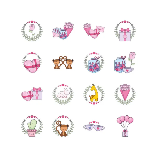 Variedad de regalos y amor icono conjunto vector diseño — Vector de stock
