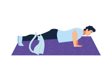 Evcil hayvanıyla birlikte kas egzersizi yapan bir adam.