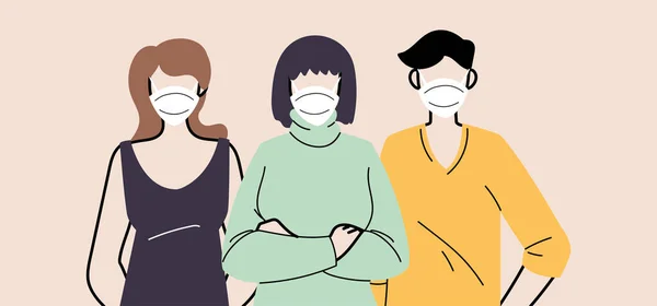 Grupp av människor i skyddande medicinska ansiktsmasker, kvinna och man bär skydd mot coronavirus — Stock vektor