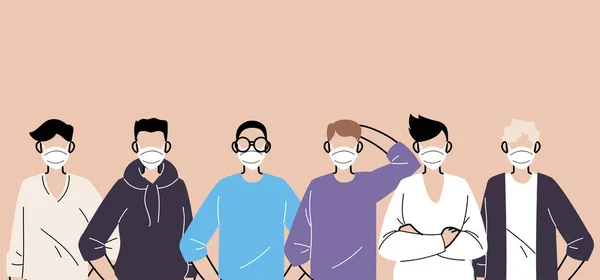 Mensen met beschermende medische gezichtsmaskers, mannen met bescherming tegen coronavirus — Stockvector