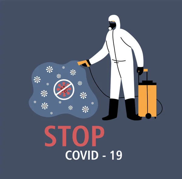 Hombre en traje o ropa de protección, desinfección por coronavirus o covid 19, medidas preventivas — Vector de stock