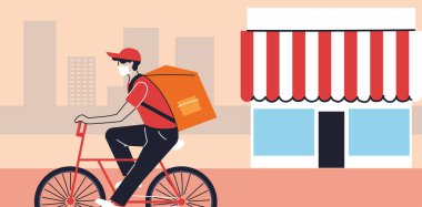 Koruyucu maskeli kurye karantinadaki insanlara teslimat yapıyor. Bisikletli kurye.