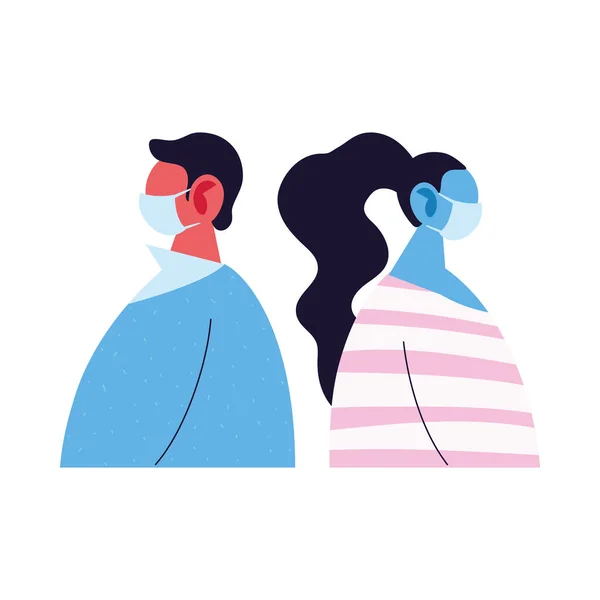 Man and woman avatar cartoon with mask and pullover vector design — Stock Vector