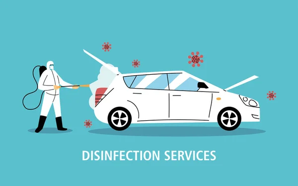 Desinfección del coche de servicio por coronavirus o covid 19 — Vector de stock