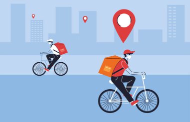 Koruyucu maskeli teslimatçılar karantinadaki insanlara teslimat yapıyor. Bisikletli kurye.