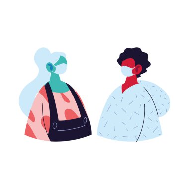 Maskeli ve kazak vektör tasarımlı erkek ve kadın avatar çizgi filmi