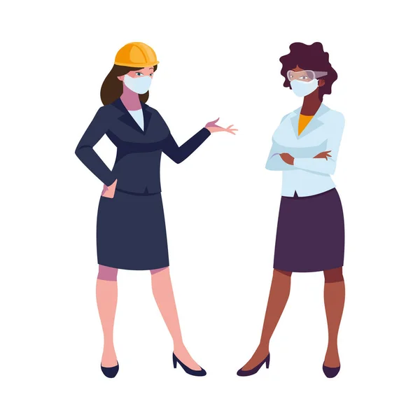 Yüz maskeli endüstriyel kadın işçiler — Stok Vektör