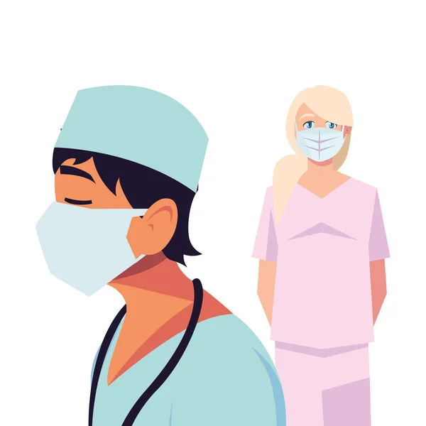 Man and woman doctor with uniforms and masks vector design — Stock Vector