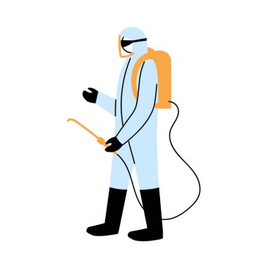 Koruyucu ve dezenfektan giysili adam izole edilmiş.