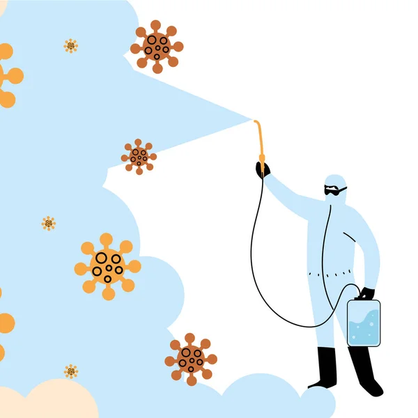 Homme portant une combinaison de protection et désinfectant isolé pour éviter la coagulation 19 — Image vectorielle