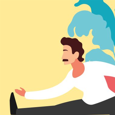 Adam oturma odasında esneme egzersizleri yapıyor.