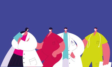 Yüz maskesi takan ve sağlık üniforması giyen doktorlar.