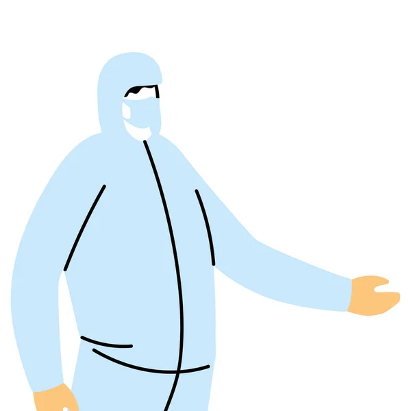Hombre con traje protector, guantes, botas y máscara para evitar covid 19 — Vector de stock