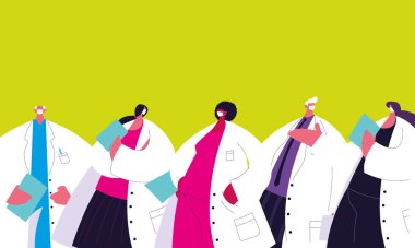 Yüz maskesi takan ve sağlık üniforması giyen doktorlar.