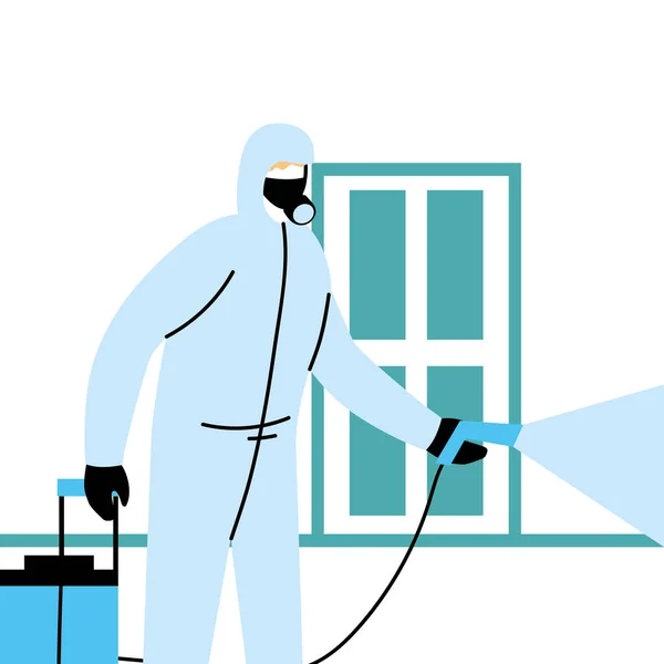 Hombres con trajes protectores y desinfectante aislado para evitar covid 19, desinfectando casas — Vector de stock