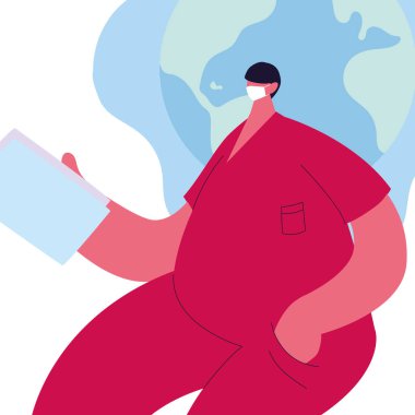 Doktor dünyaya maske ve tıbbi üniformayla yardım ediyor.