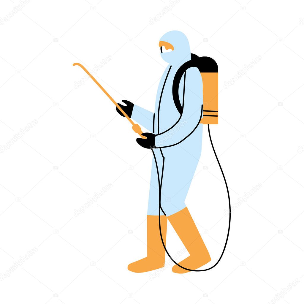 Man wearing protective and disinfectant suit isolated