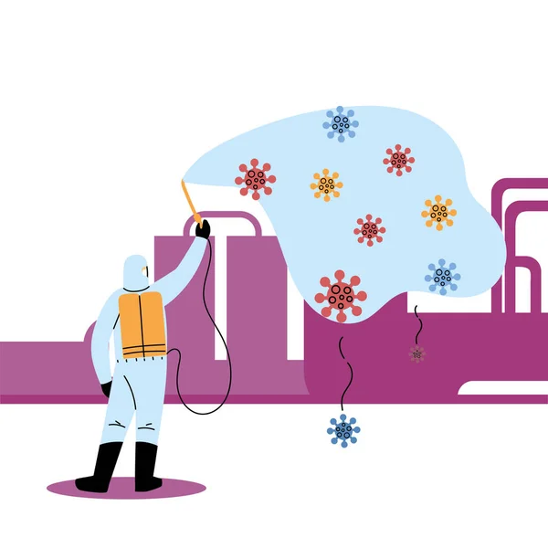 Homme portant une combinaison de protection et un désinfectant isolé pour éviter la coagulation 19, désinfectant les structures — Image vectorielle