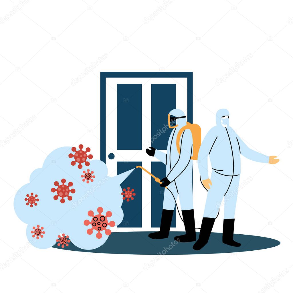 Men wearing protective suits and isolated disinfectant to avoid covid 19, disinfecting houses