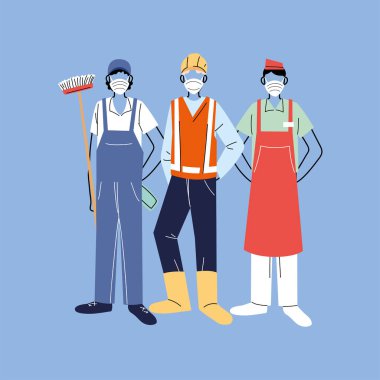 Teşekkürler gerekli işçiler, çeşitli meslekler yüz maskesi takan insanlar.