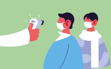 El ele tutuşan termometre silahı insanların sıcaklık vektör tasarımlarını kontrol ediyor