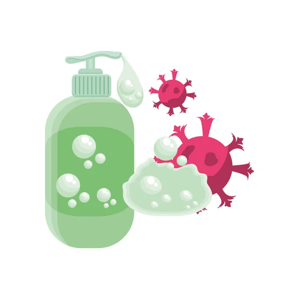 Liquid soap with coronavirus on white background — Stock Vector