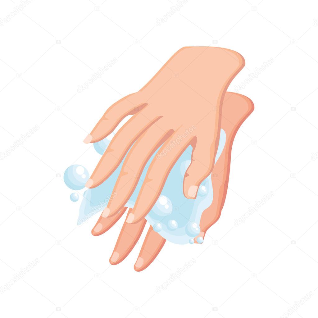 washing hands with water and soap on white background