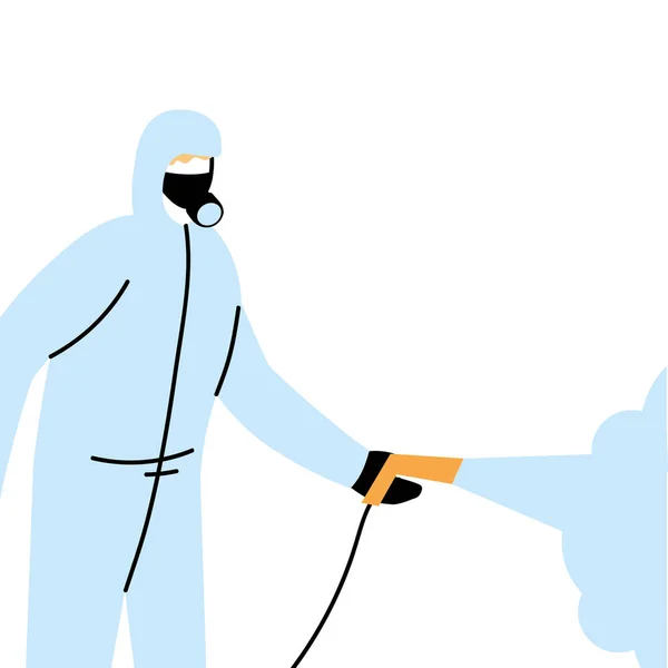 Mężczyzna noszący kombinezon ochronny i dezynfekujący izolowany — Wektor stockowy