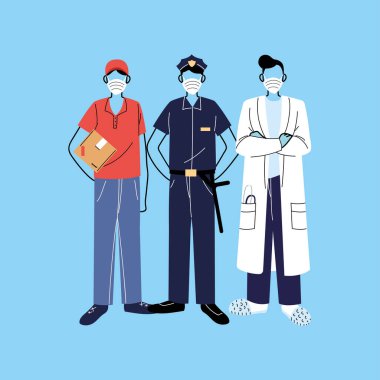 Teşekkürler gerekli işçiler, çeşitli meslekler yüz maskesi takan insanlar.